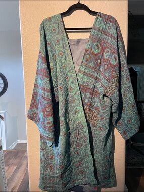Upcycled Lightweight Teal Printed Cotton Kantha Jacket 4-5X